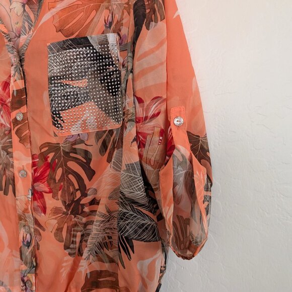 FRANK LYMAN Blouse L Multicolor Floral Sheer Embellished Roll Tab Sleeve Tie - Picture 10 of 14